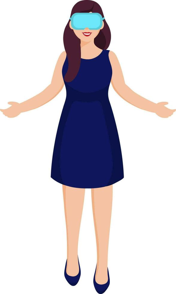 Modern Young Woman Wearing VR Headset With Open Arms On White Background. vector