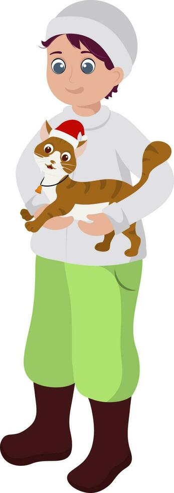 Character Of Young Boy Holding Cat In Woolen Clothes. vector