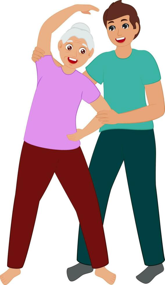 Trainer Man Helping Senior Woman Doing Yoga On White Background. vector