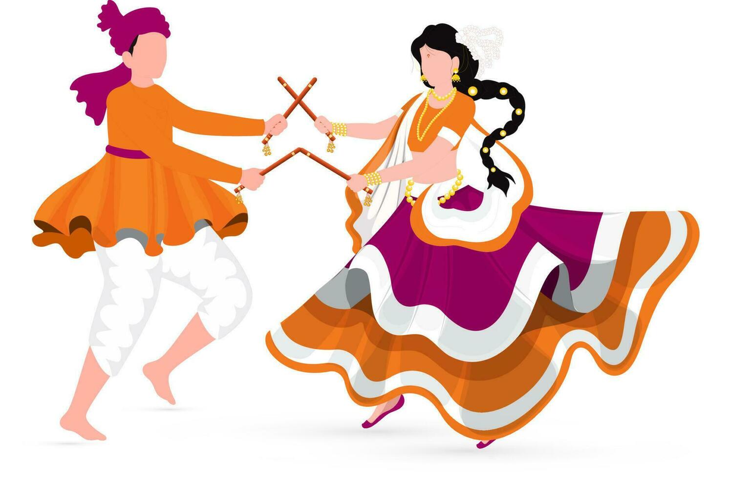 sin rostro indio Pareja jugando dandiya en tradicional atuendo en blanco antecedentes. vector