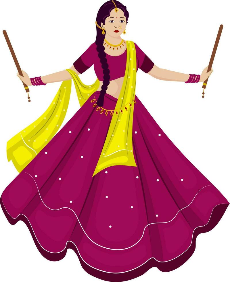 Beautiful Indian Young Woman Playing Dandiya In Traditional Attire On White Background. vector