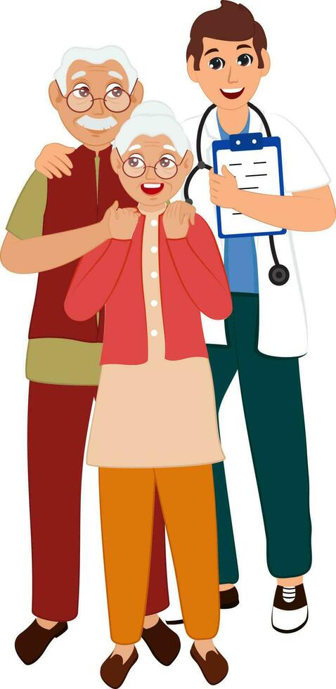 Senior Couple With Doctor Man Standing Together On White Background. vector