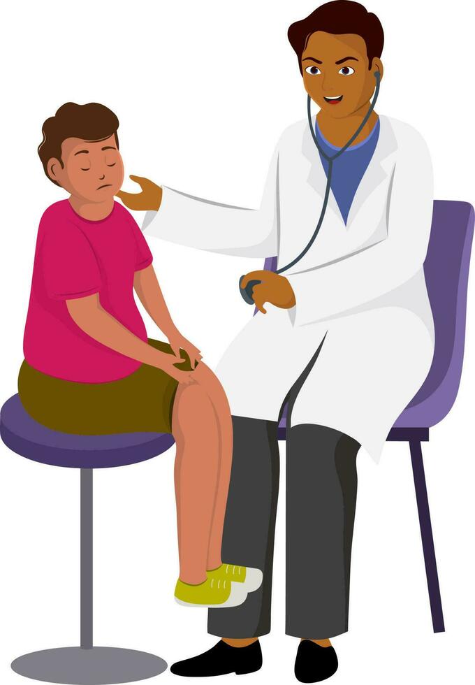 Male Doctor Examining A Sick Boy Sitting On Stool Against White Background. vector