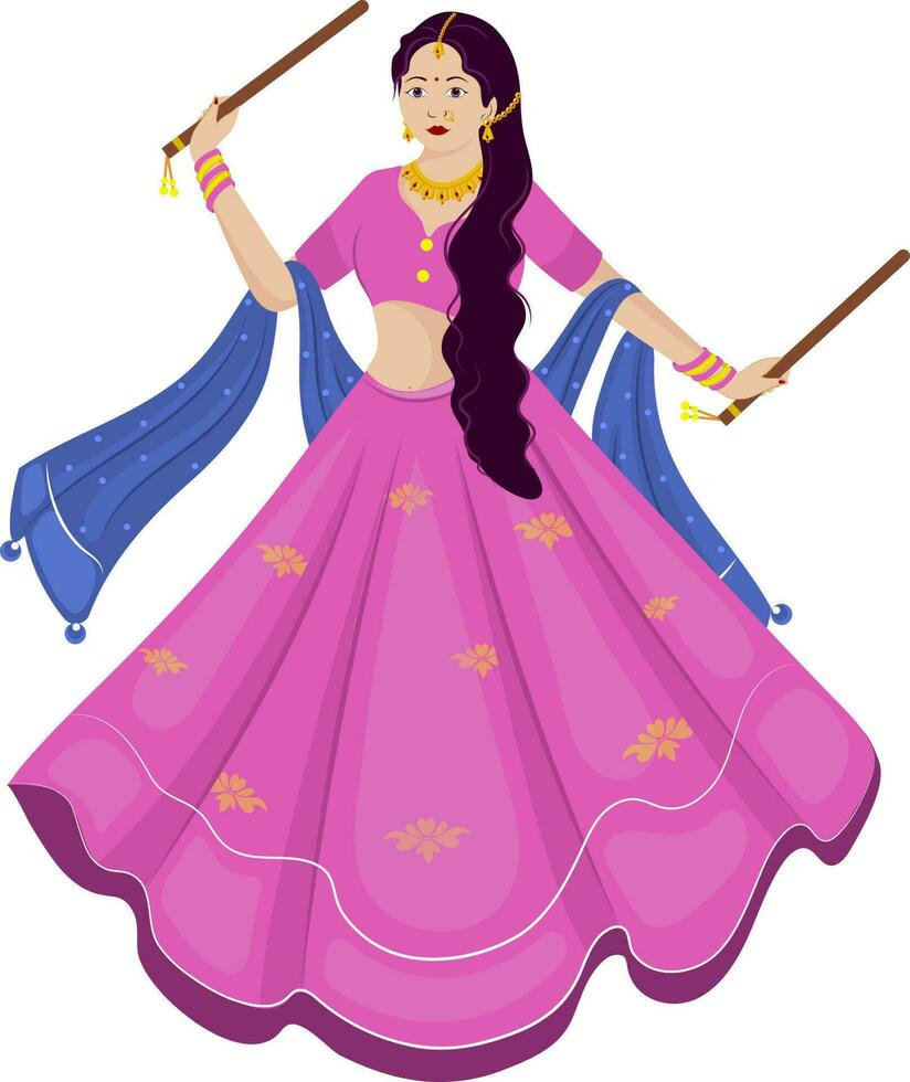 Beautiful Indian Young Woman Playing Dandiya In Traditional Attire On White Background. vector