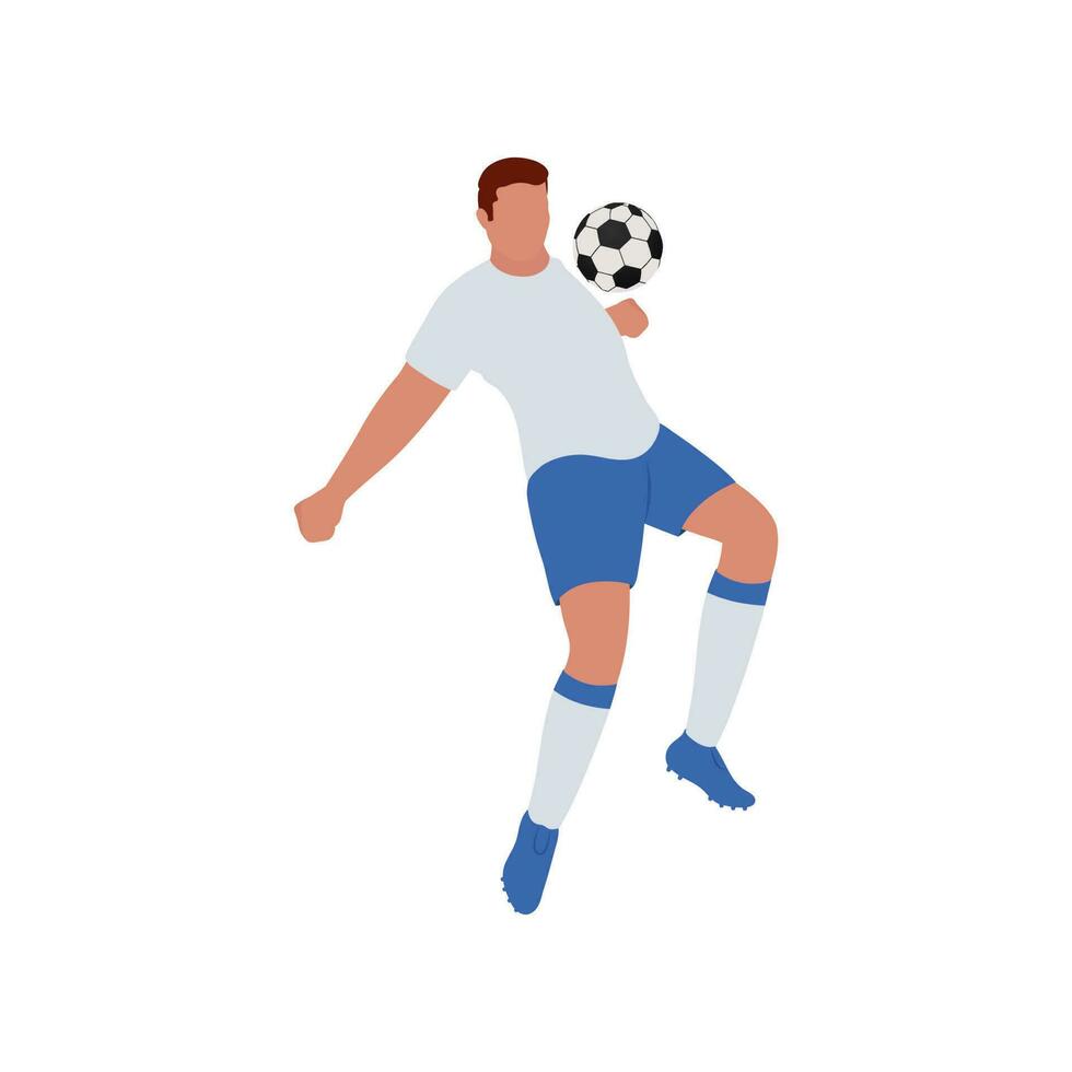 sin rostro futbolista jugador golpear pelota desde cofre en blanco antecedentes. vector