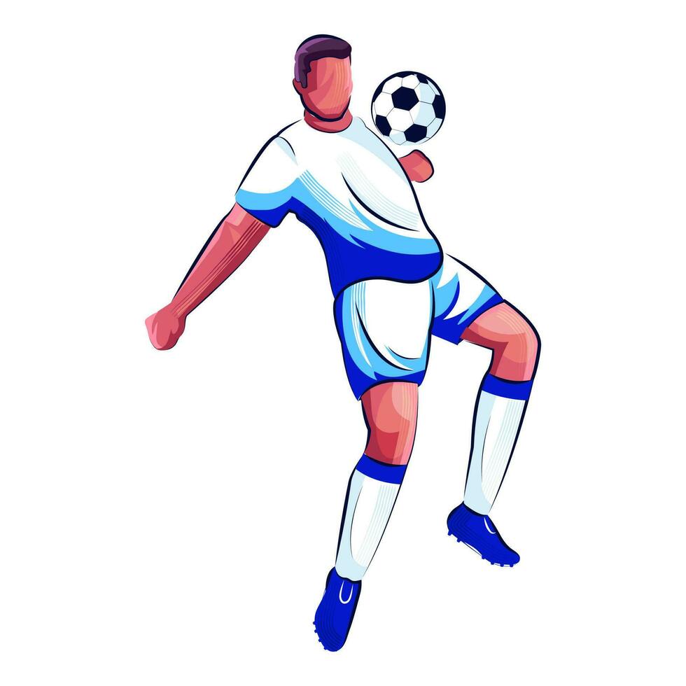 Faceless Footballer Player Hitting Ball From Chest On White Background. vector