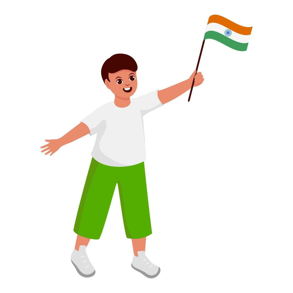 Happiness Young Boy Holding India Flag Against White Background. vector