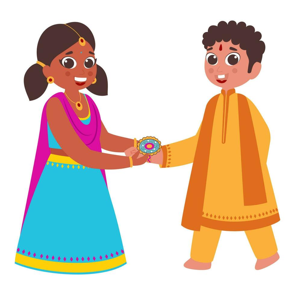 Cute Girl Tying Rakhi To Her Brother On White Background. vector