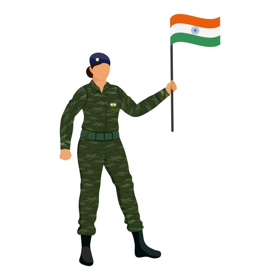 Faceless Army Woman Holding India Flag Against White Background. vector