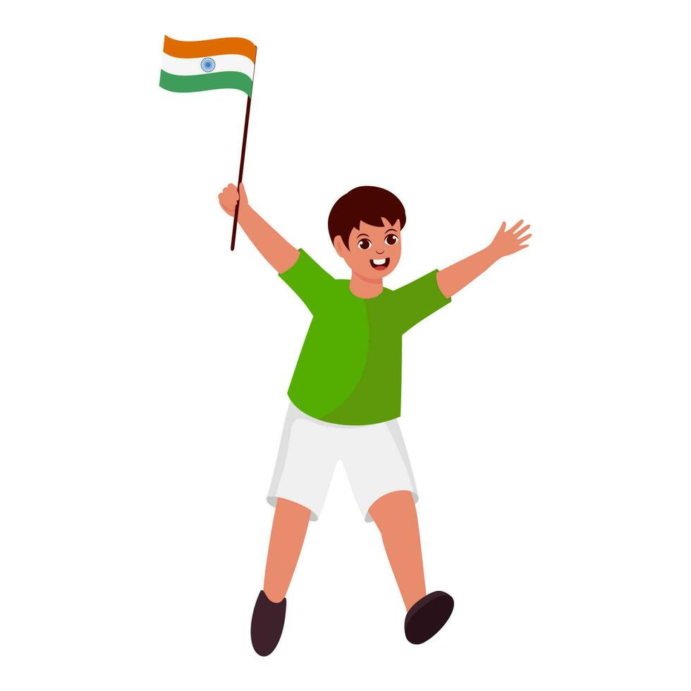 Happiness Young Boy Holding India Flag Against White Background. vector