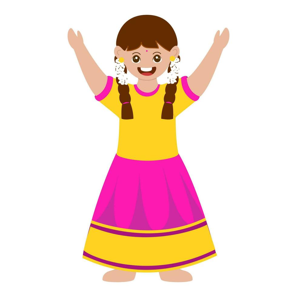 Happiness Cute Girl Raising Hands Up In Standing Pose On White Background. vector