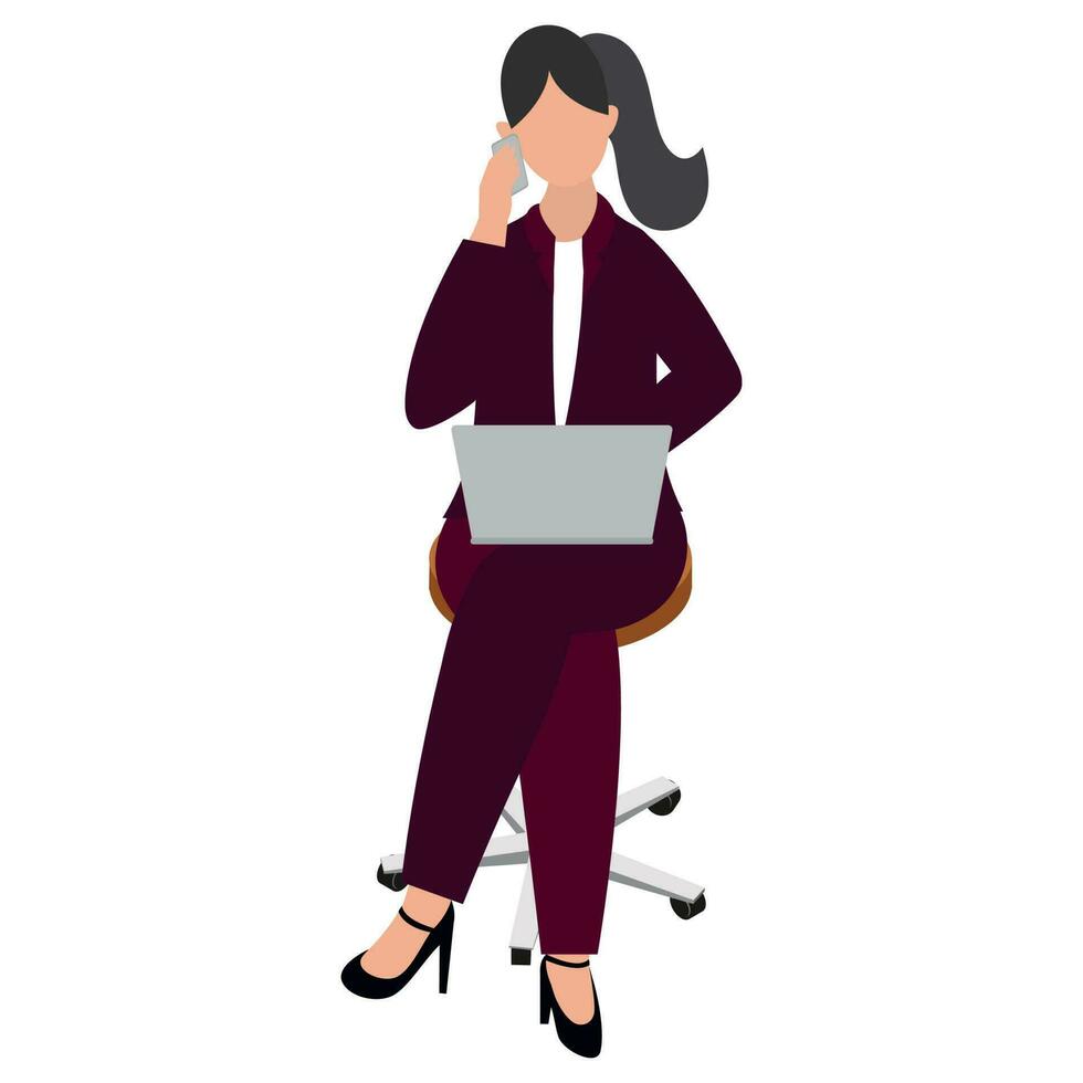 Faceless Young Woman Using Laptop At Chair Against White Background. vector