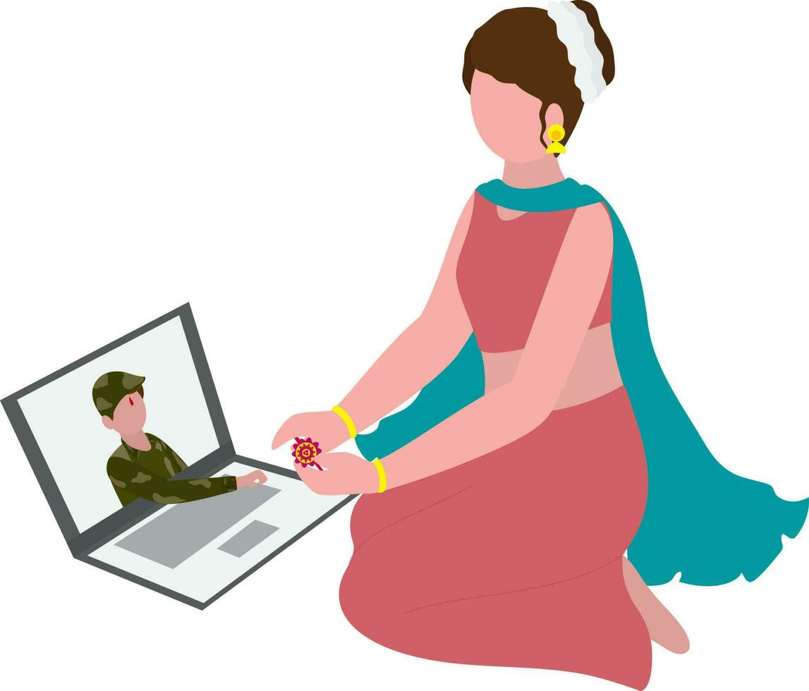 Faceless Indian Teenager Girl Tying Rakhi At Her Brother Through Laptop On White Background. vector