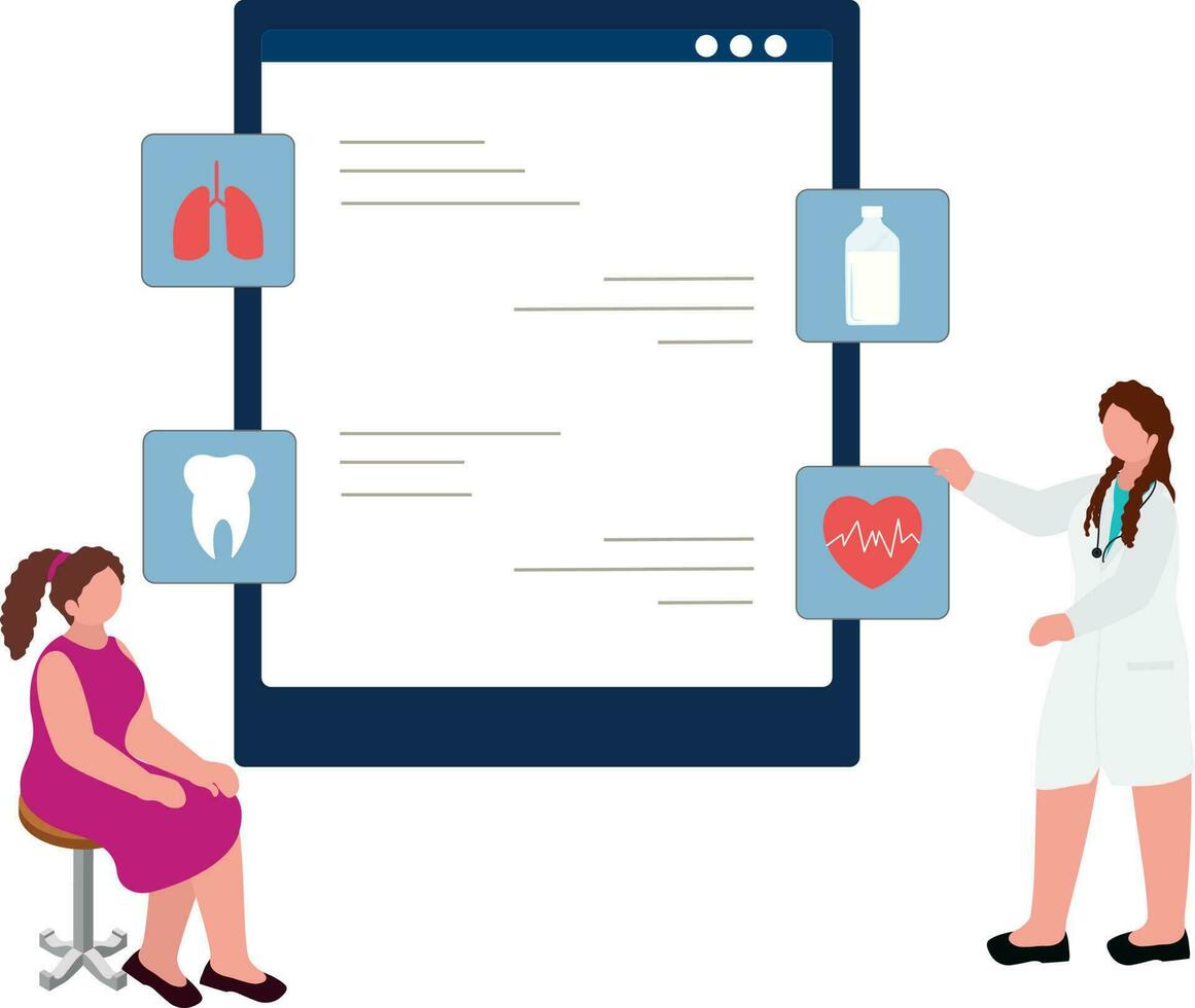 Faceless Female Doctor Advising To Patient And Showing Healthcare Information In Smartphone. vector