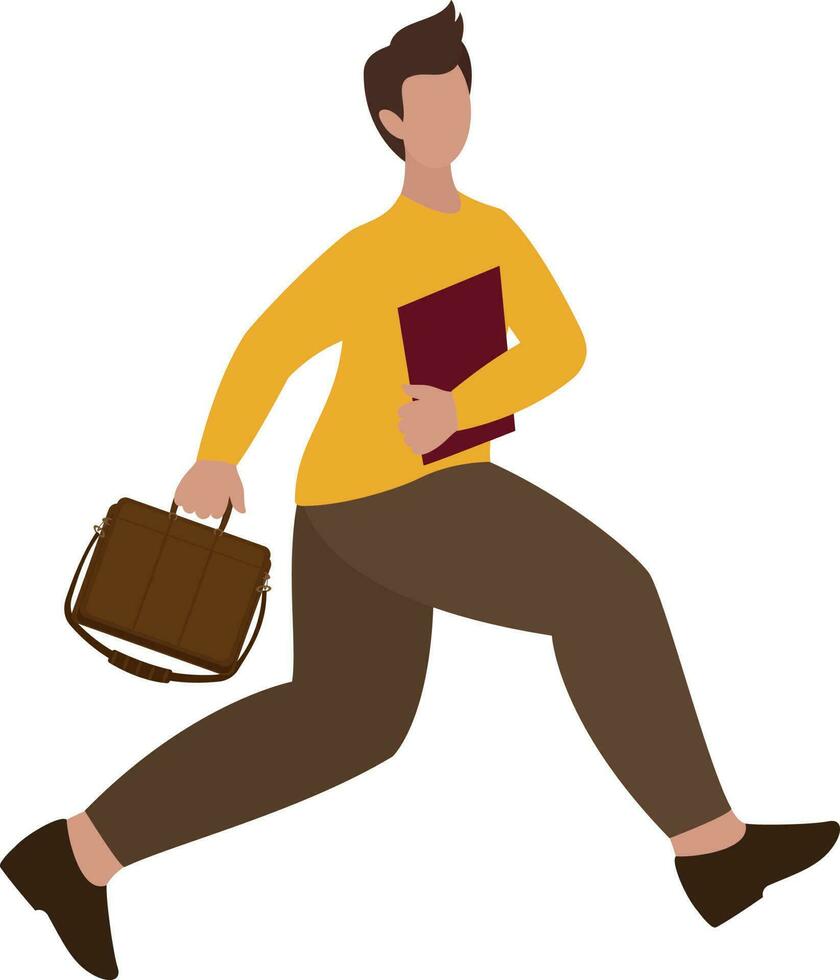 Faceless Young Man Holding File And Briefcase In Walking Pose. vector