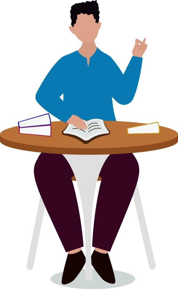 Faceless Young Man Reading Book At Work Desk Illustration. vector