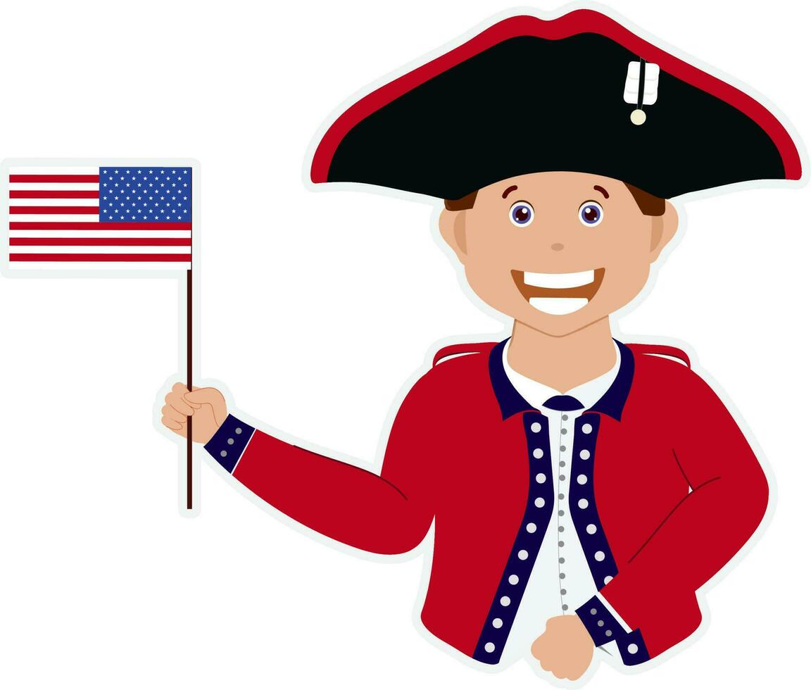 Sticker Illustration Of British Uniform Wearing Cheerful Little Boy Showing Flag. vector