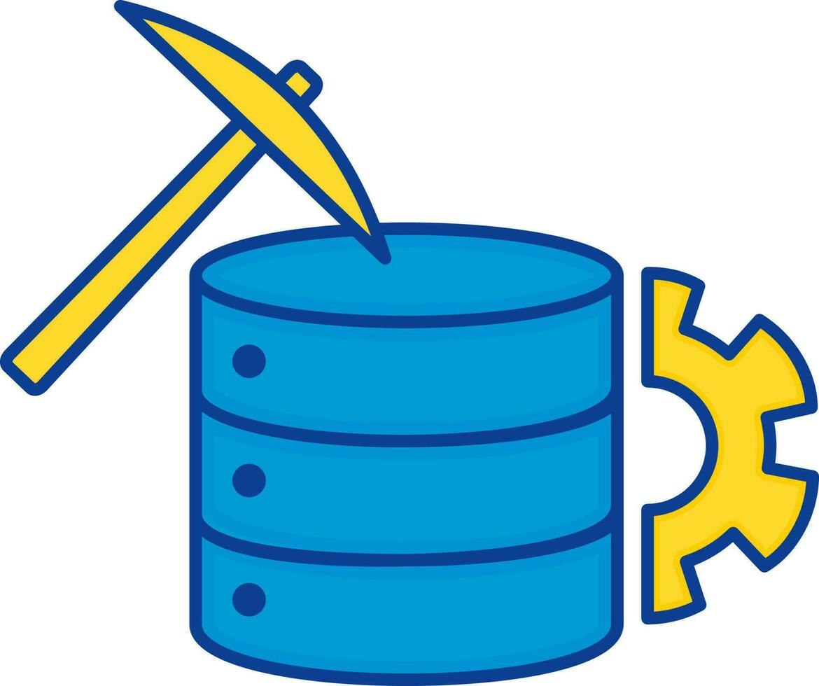 Blue And Yellow Pickaxe With Database And Cogwheel For Data Mining Icon. vector