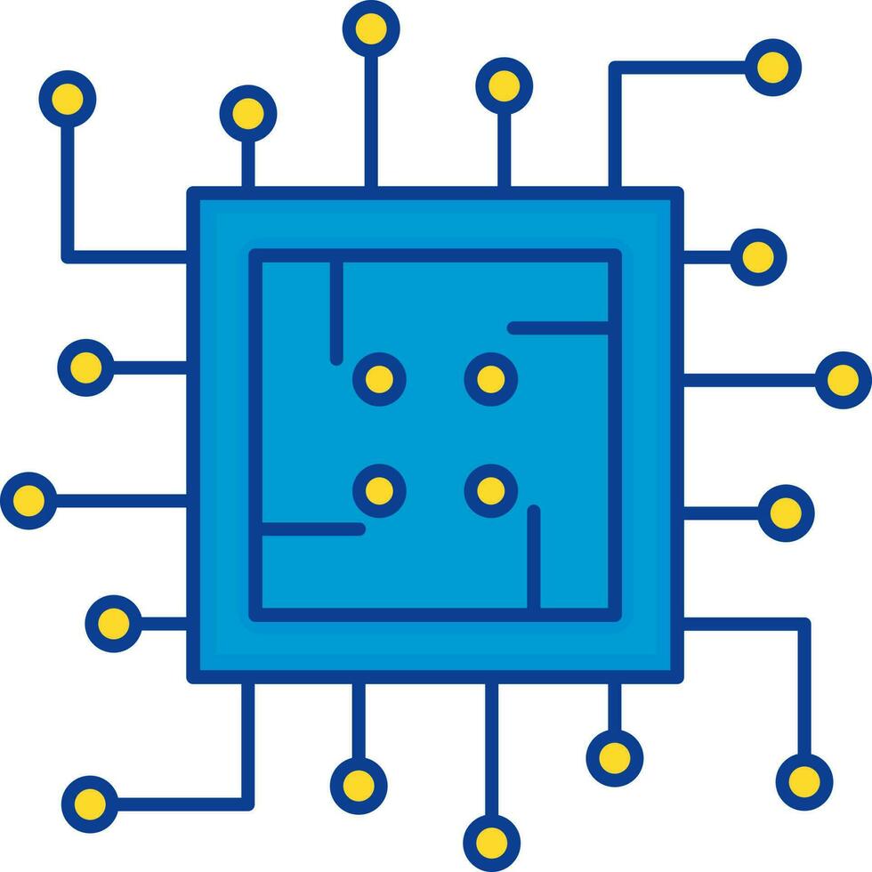 Blue And Yellow Microchip Icon In Flat Style. vector