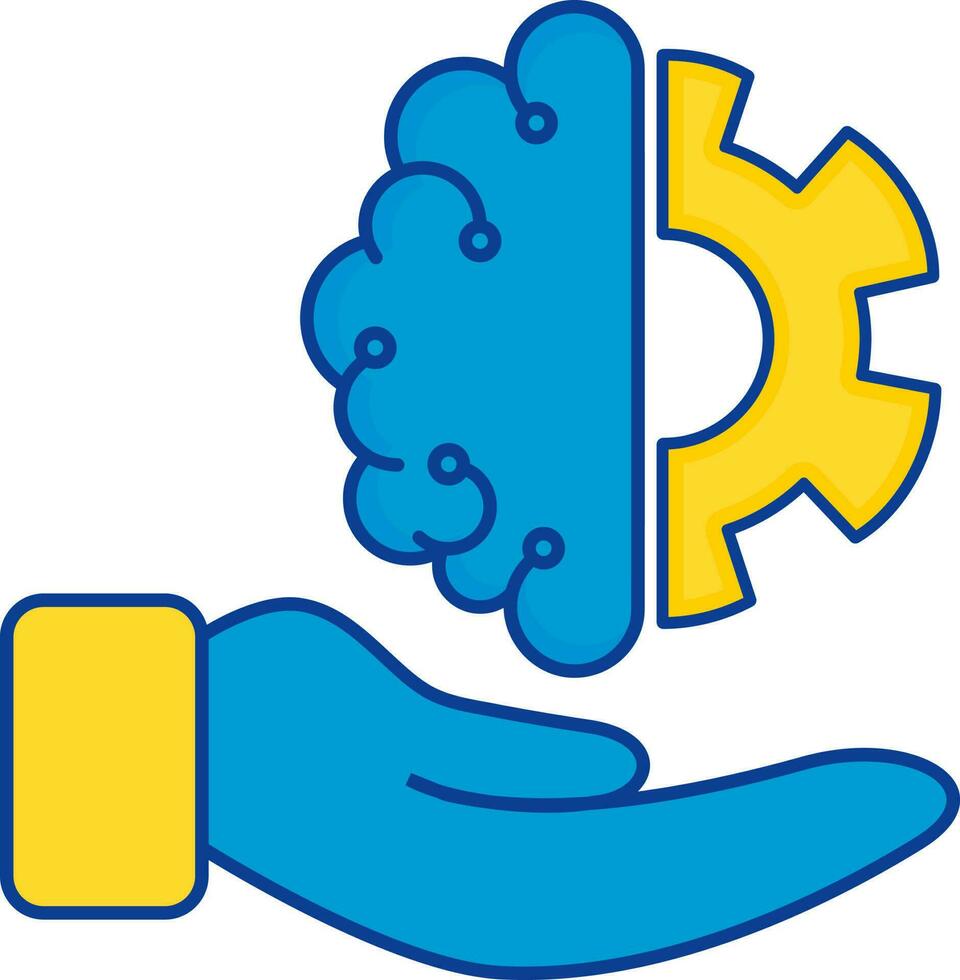 Flat Brain With Cogwheel On Hand For Artificial Intelligence Icon In Blue And Yellow Color. vector