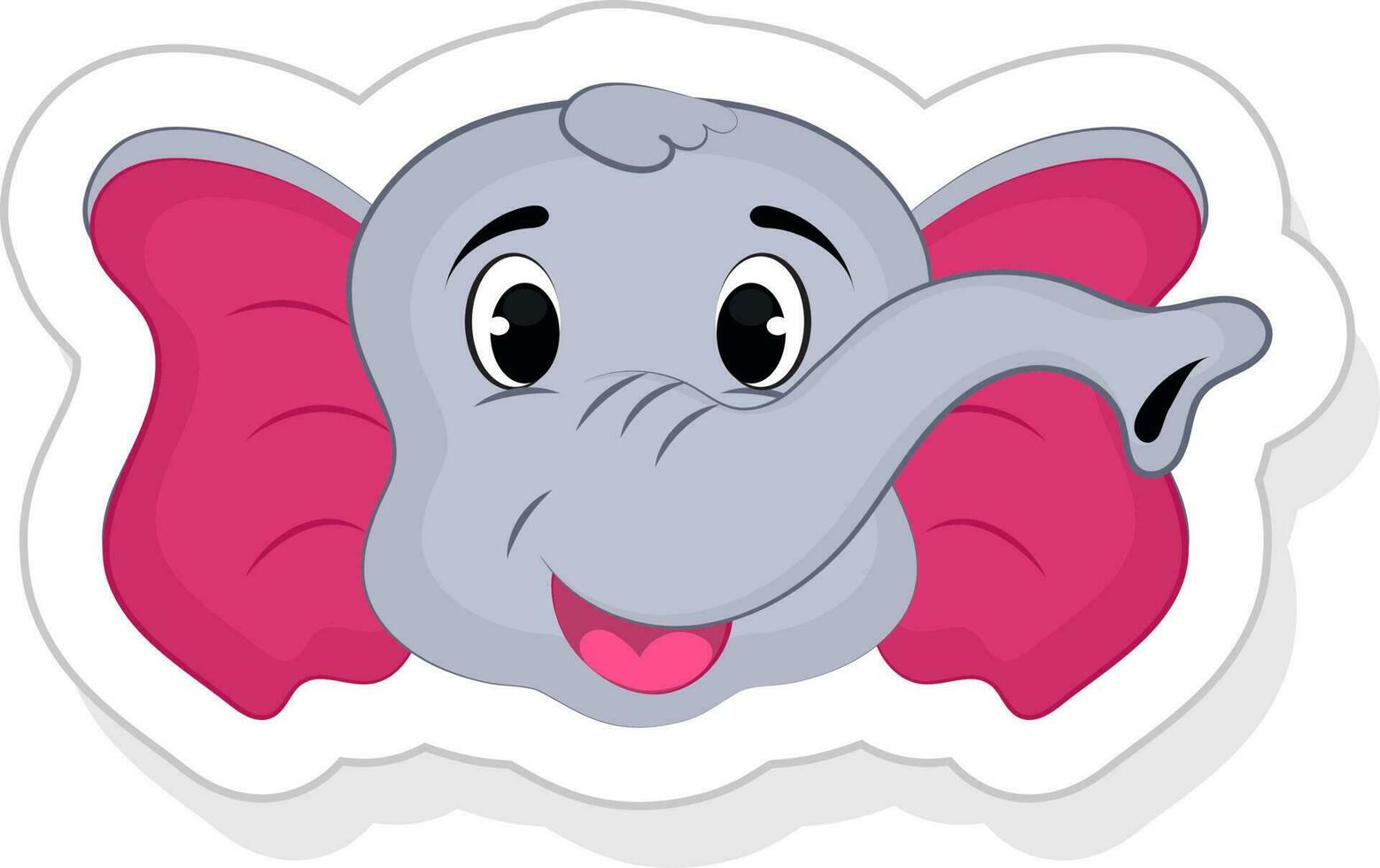 Grey And Pink Cartoon Baby Elephant Face In Sticker Style. vector