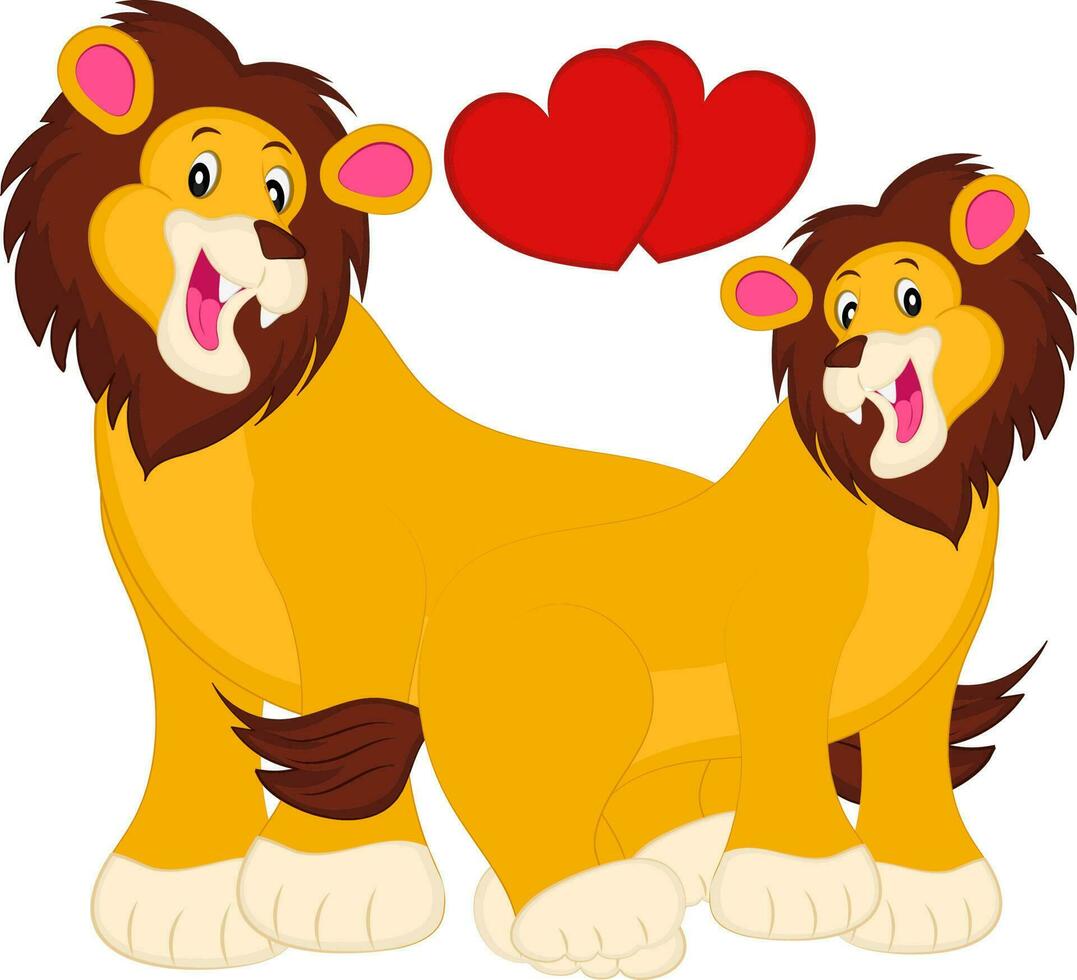 Loving Lions Meeting With Hears Over White Background. vector