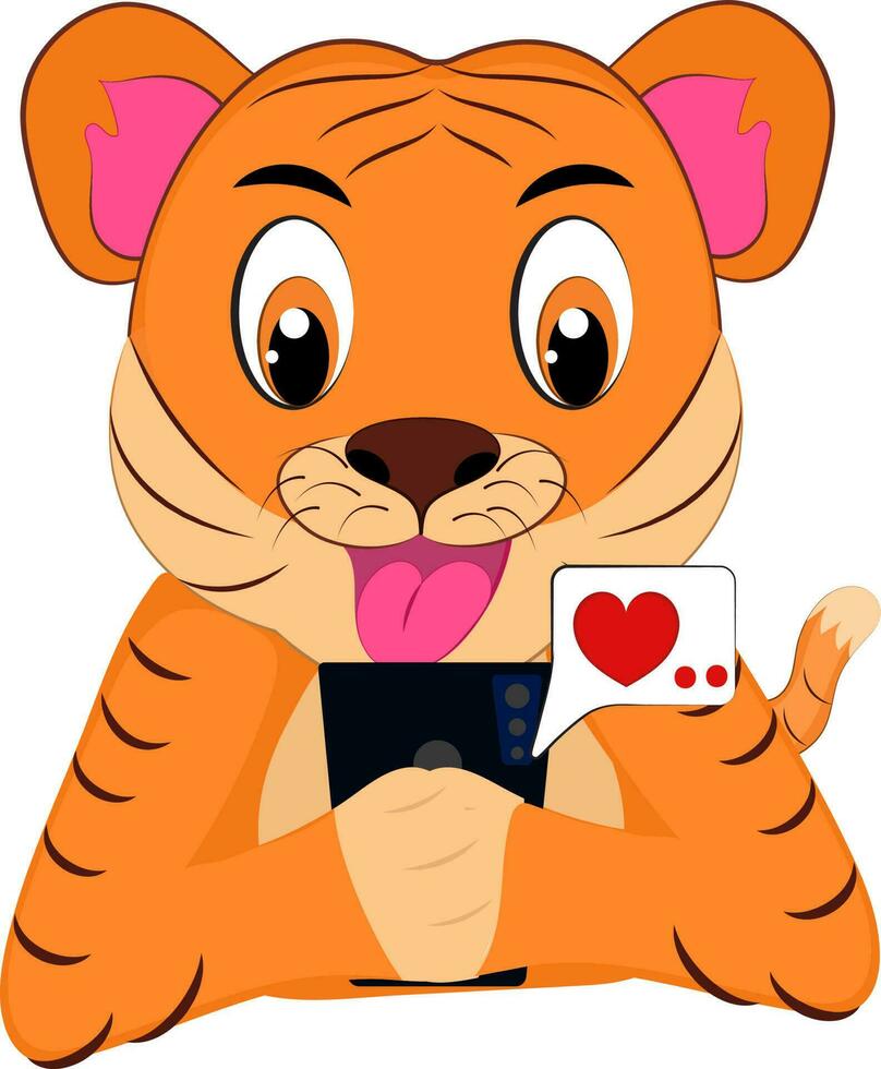 Cute Tiger Love Chatting From Smartphone On White Background. vector