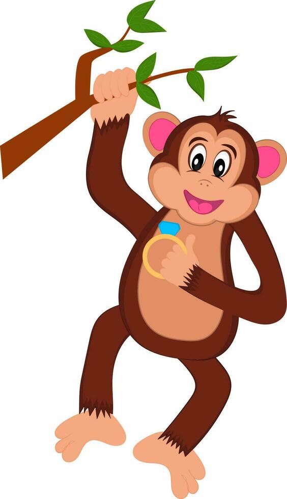 Hanging Cartoon Monkey With Diamond Ring And Tree Branch Over White Background. vector