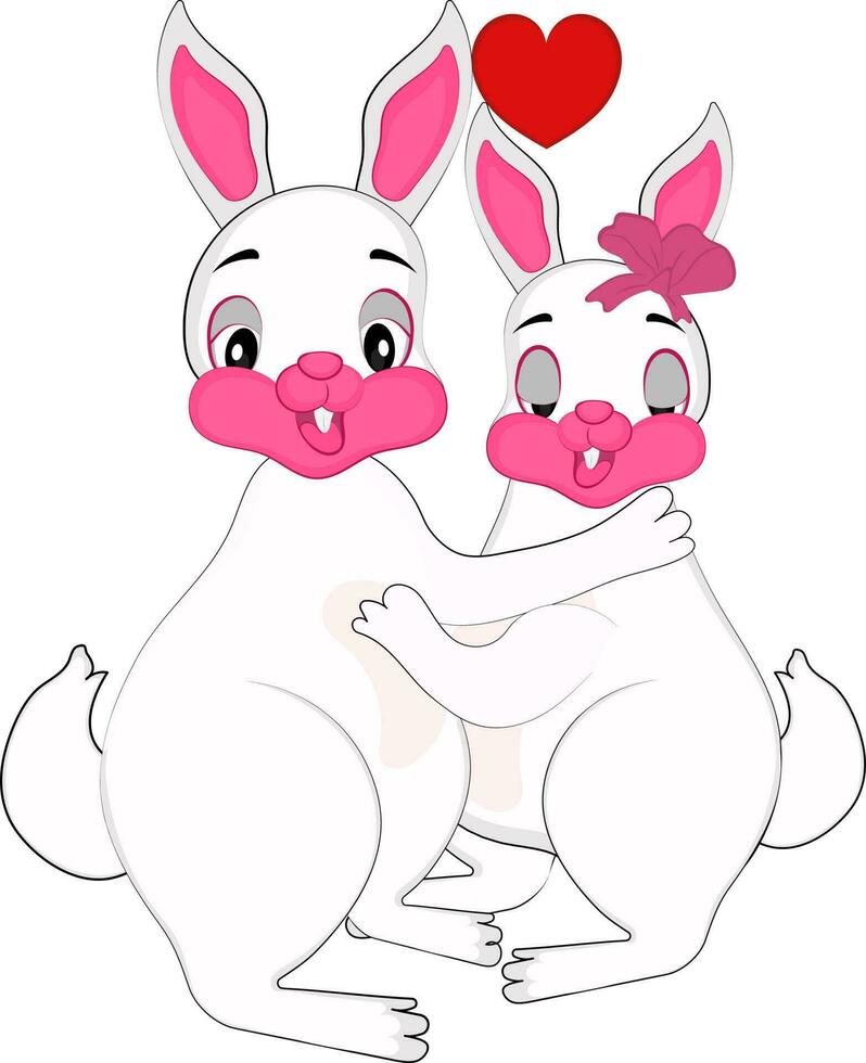 Funny Rabbit Couple Hugging With Heart On White Background. vector