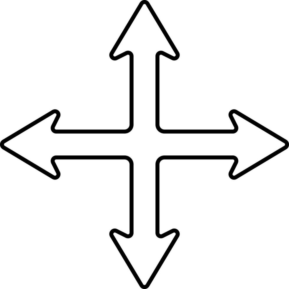 Four Way Arrow Icon In Black Outline. vector