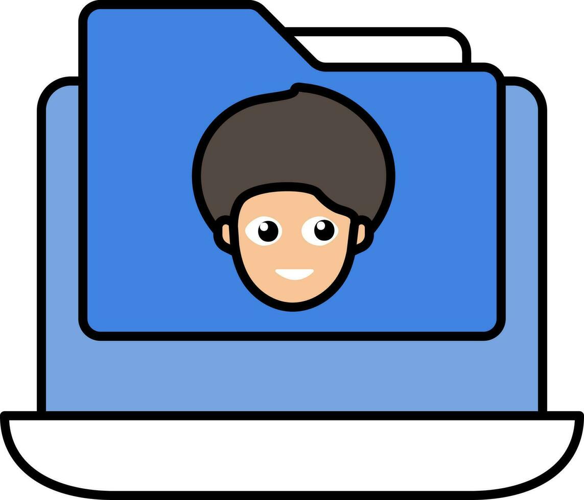 plano hombre cara carpeta en ordenador portátil pantalla azul icono. vector