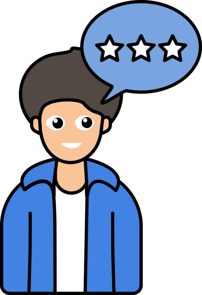 Young Man With Stars Message Bubble Icon In Blue And White Color. vector