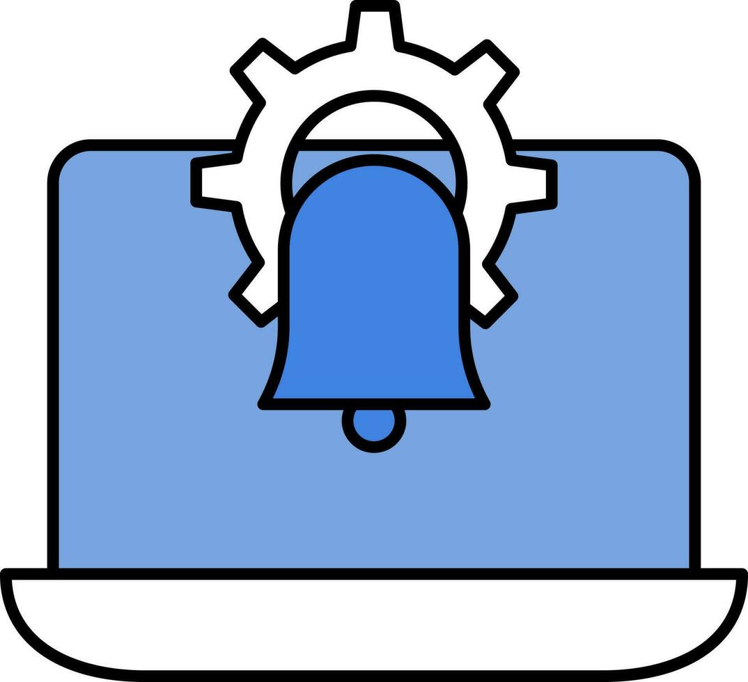 Setting With Bell In Laptop Screen Icon In Blue And White Color. vector