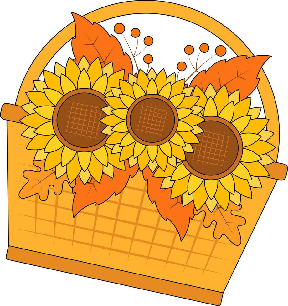 Flat Sunflower Basket Icon In Orange Color. vector