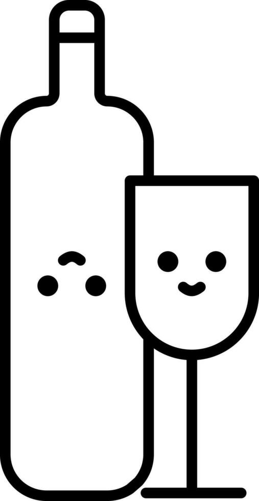 Cute Face Wine Bottle And Drink Glass Black Line Art Icon. vector