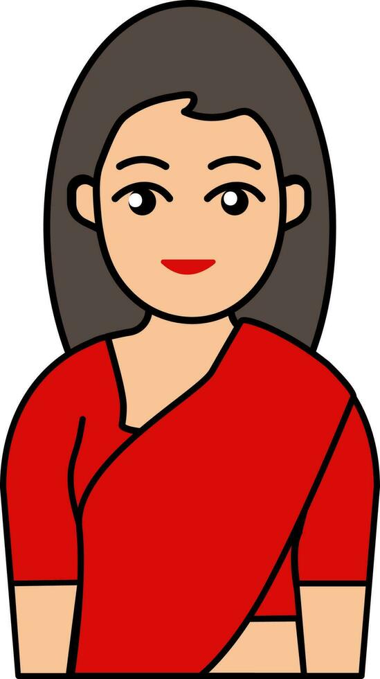 Red Saree Wearing Indian Woman Icon In Flat Style. vector