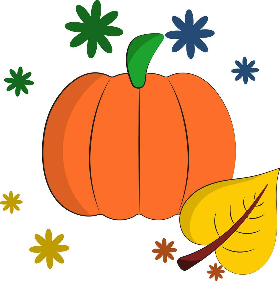 Flat Pumpkin With Leaf And Flowers Over White Background. vector