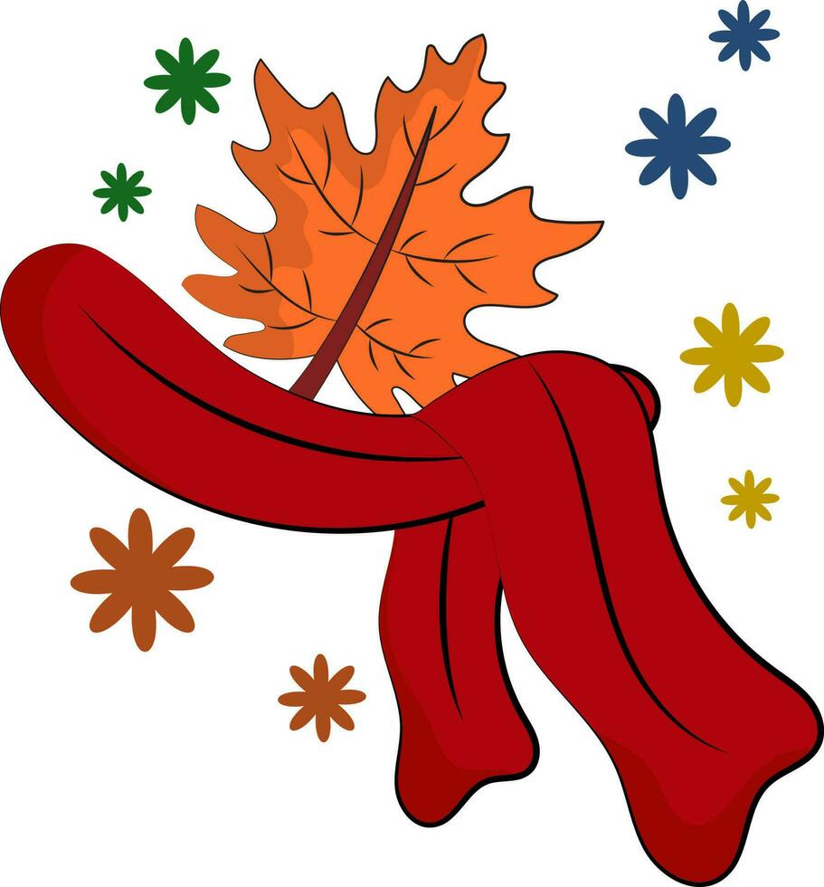 Red Scarf With Maple Leaf And Flowers Over White Background. vector