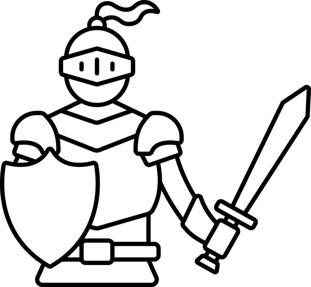 Cartoon Character Of Knighting Man Holding Shield And Sword Linear Icon. vector