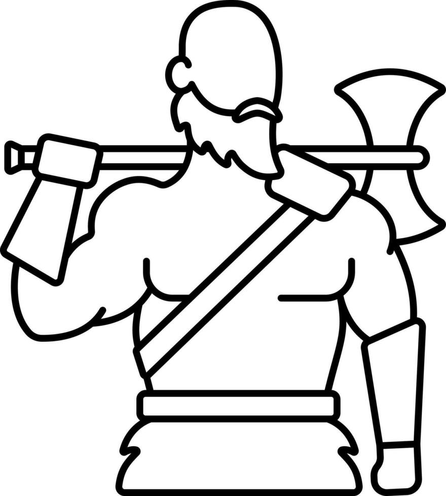 Thin Line Art Of Viking Man Holding Axe Cartoon Character Icon. vector
