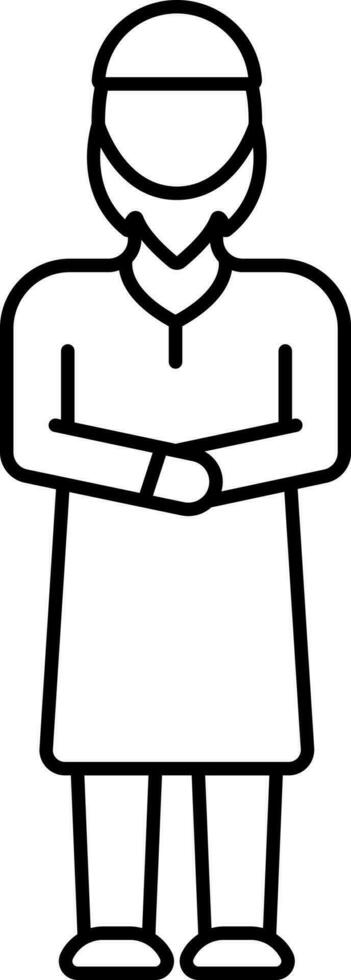 Cartoon Muslim Man Standing With Hand Bind Icon In Black Line Art. vector