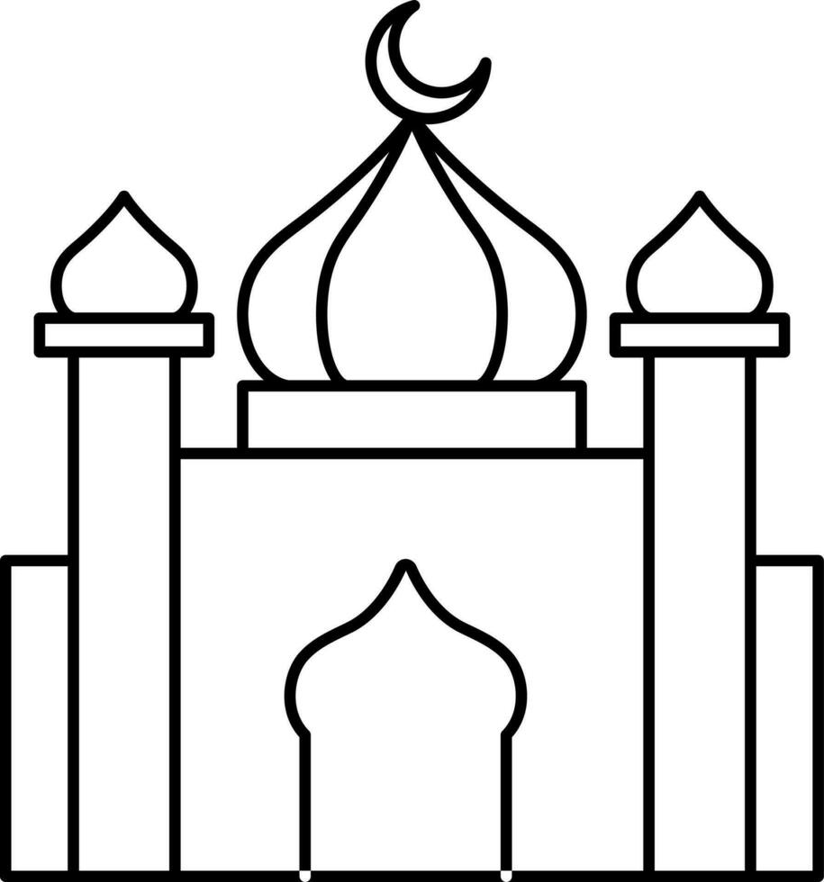 Black Outline Illustration Of Mosque Building Icon With Crescent Moon. vector