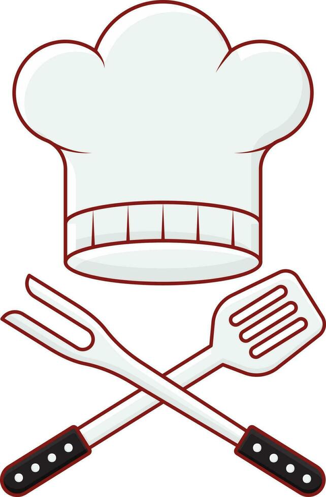 Chef Hat With Cross Bbq Fork And Spatula Over White Background. vector