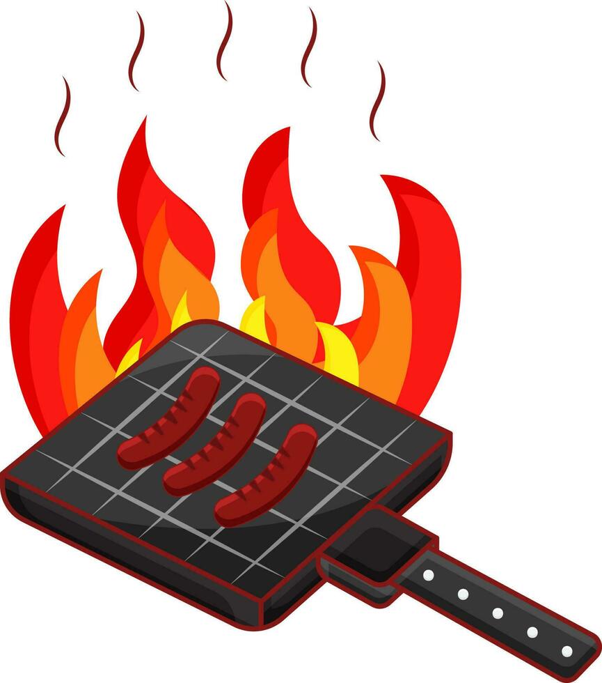 Sausage Roasted On Flaming Bbq Grill Over White Background. vector