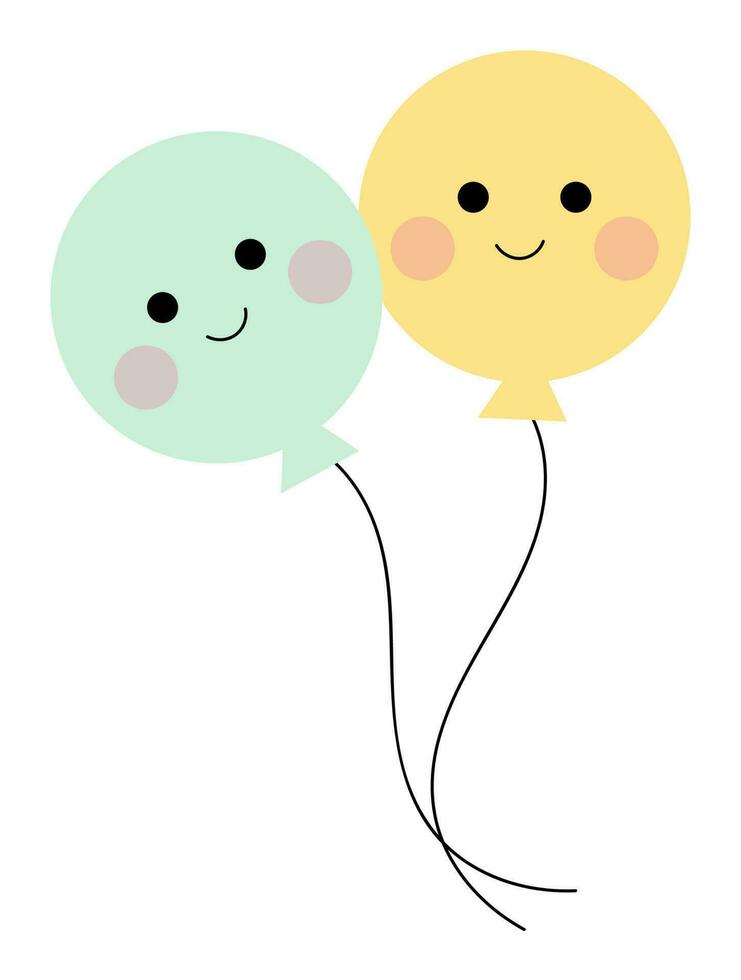 Two Cute Happy Face Cartoon Balloons Green And Yellow Sticker. vector