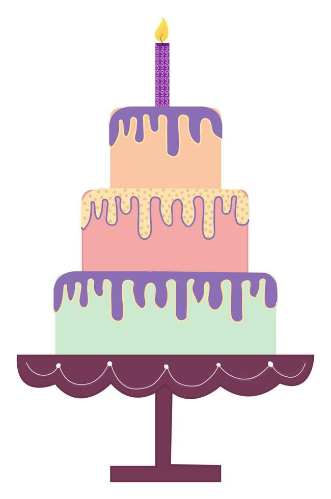 Colorful Three Layer Cake With Burning Candle In Sticker Style. vector