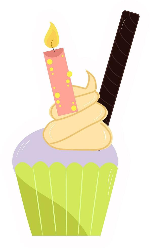 Isolated Burning Candle Cup Cake In Sticker Style. vector