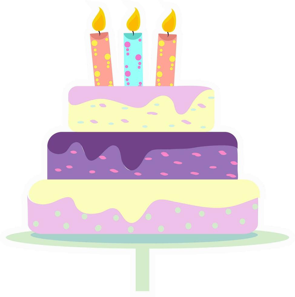 Colorful Burning Candles In Three Layer Cake Sticker. vector