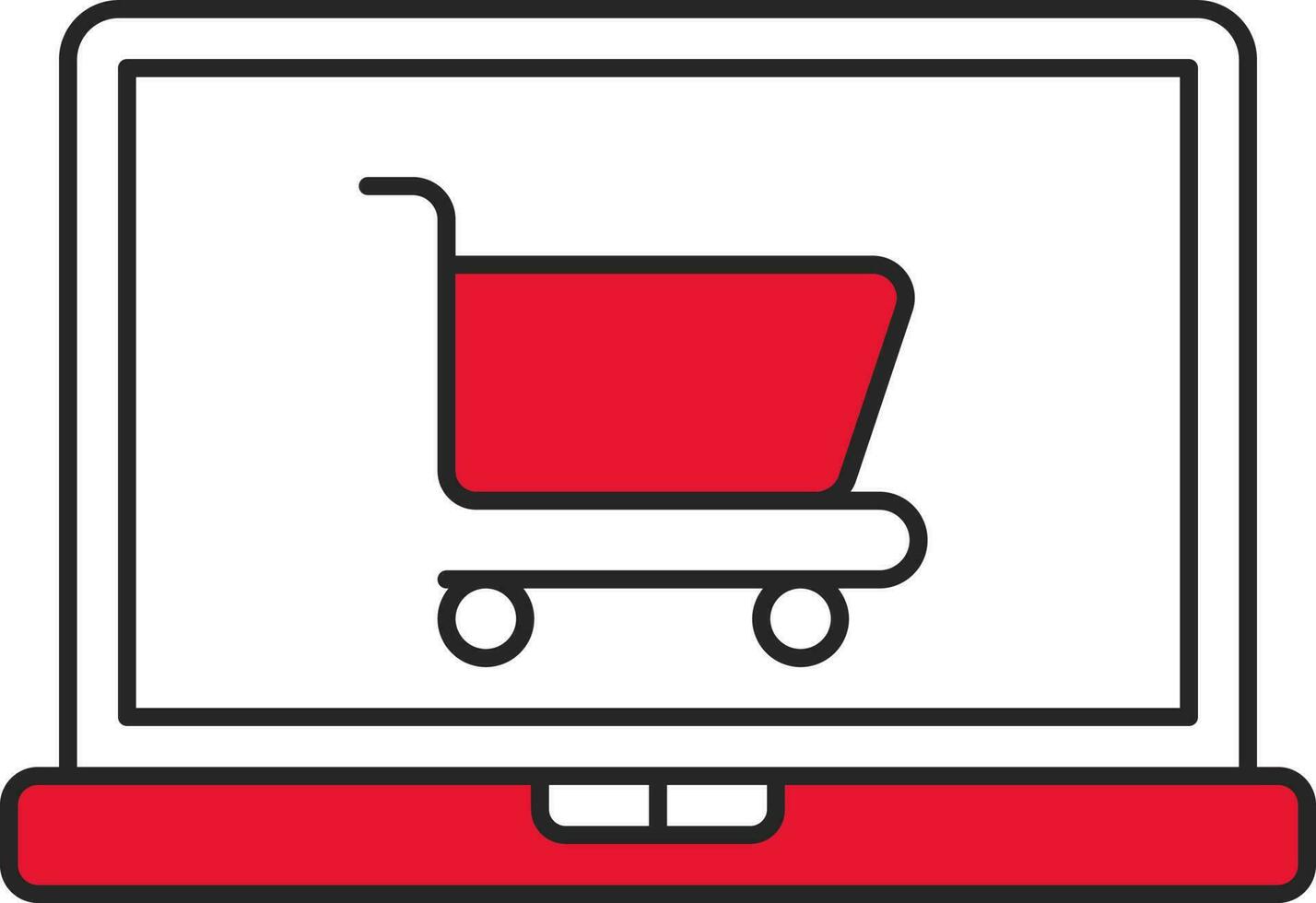 Online Shopping Cart In Laptop Red And White Icon. vector