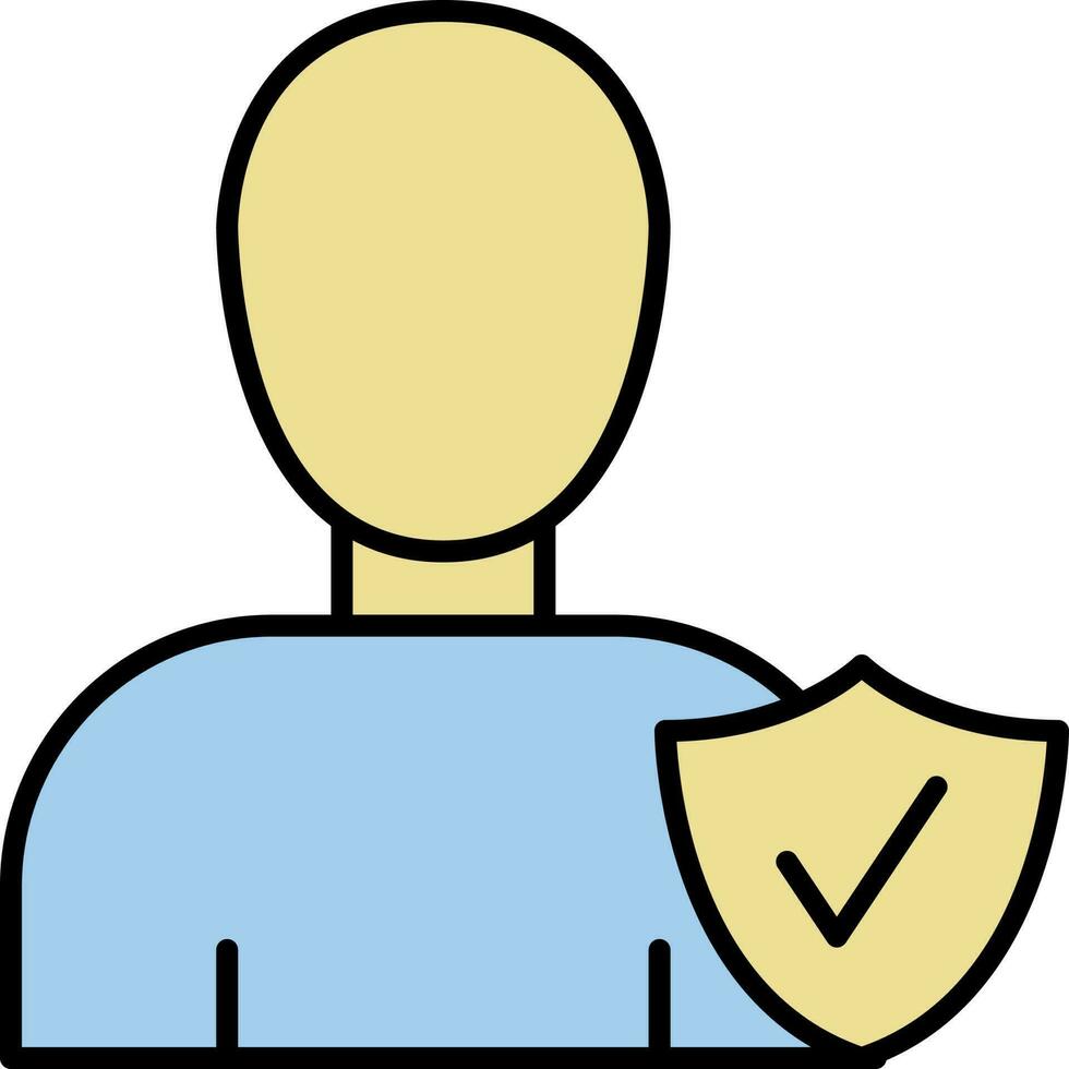 User With Check Shield Icon In Blue And Yellow Color. vector